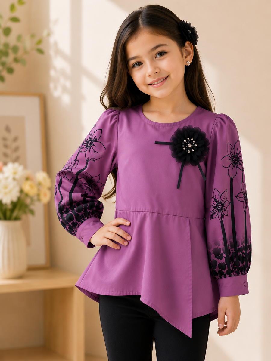 Girls Purple Floral Embroidered Peplum Top