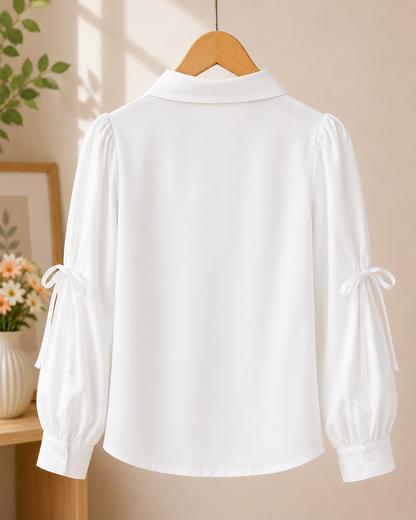 Girls White Pearl Collar Puff Sleeve Shirt