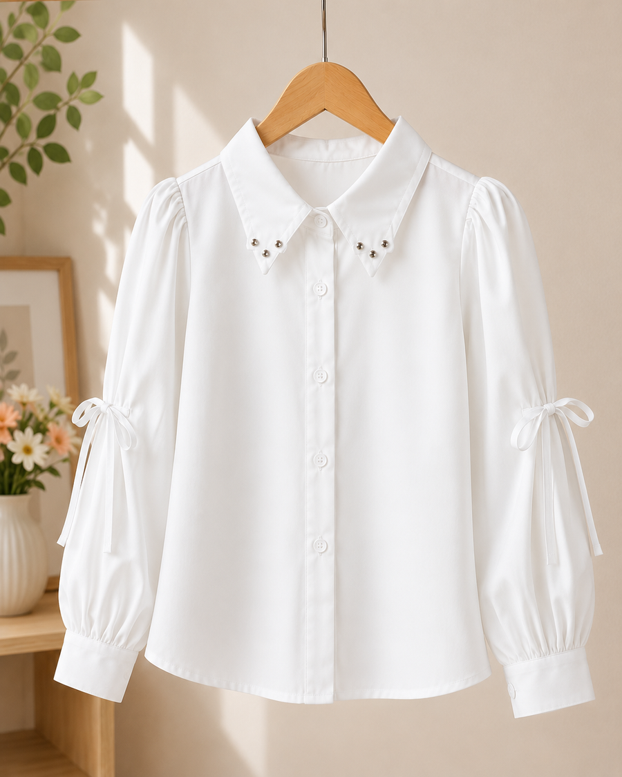Girls White Pearl Collar Puff Sleeve Shirt