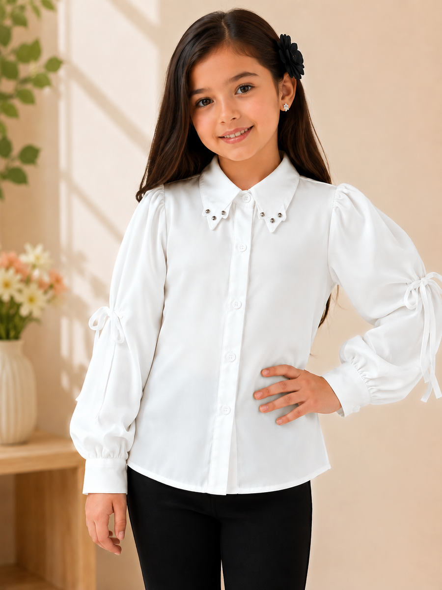 Girls White Pearl Collar Puff Sleeve Shirt
