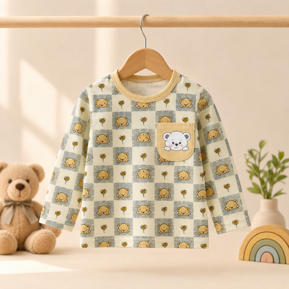 Kids Cream & Grey Teddy Bear Checkered Pyjama Set