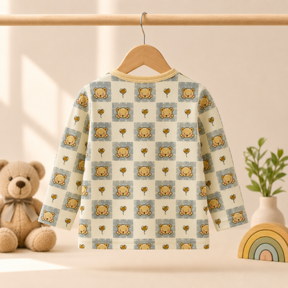 Kids Cream & Grey Teddy Bear Checkered Pyjama Set