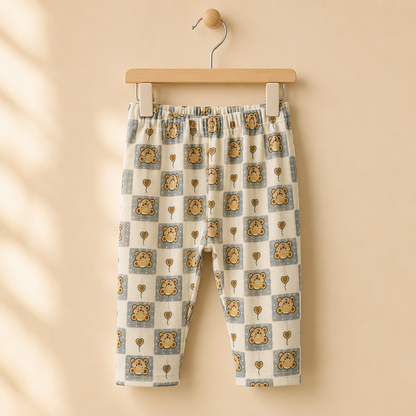Kids Cream & Grey Teddy Bear Checkered Pyjama Set