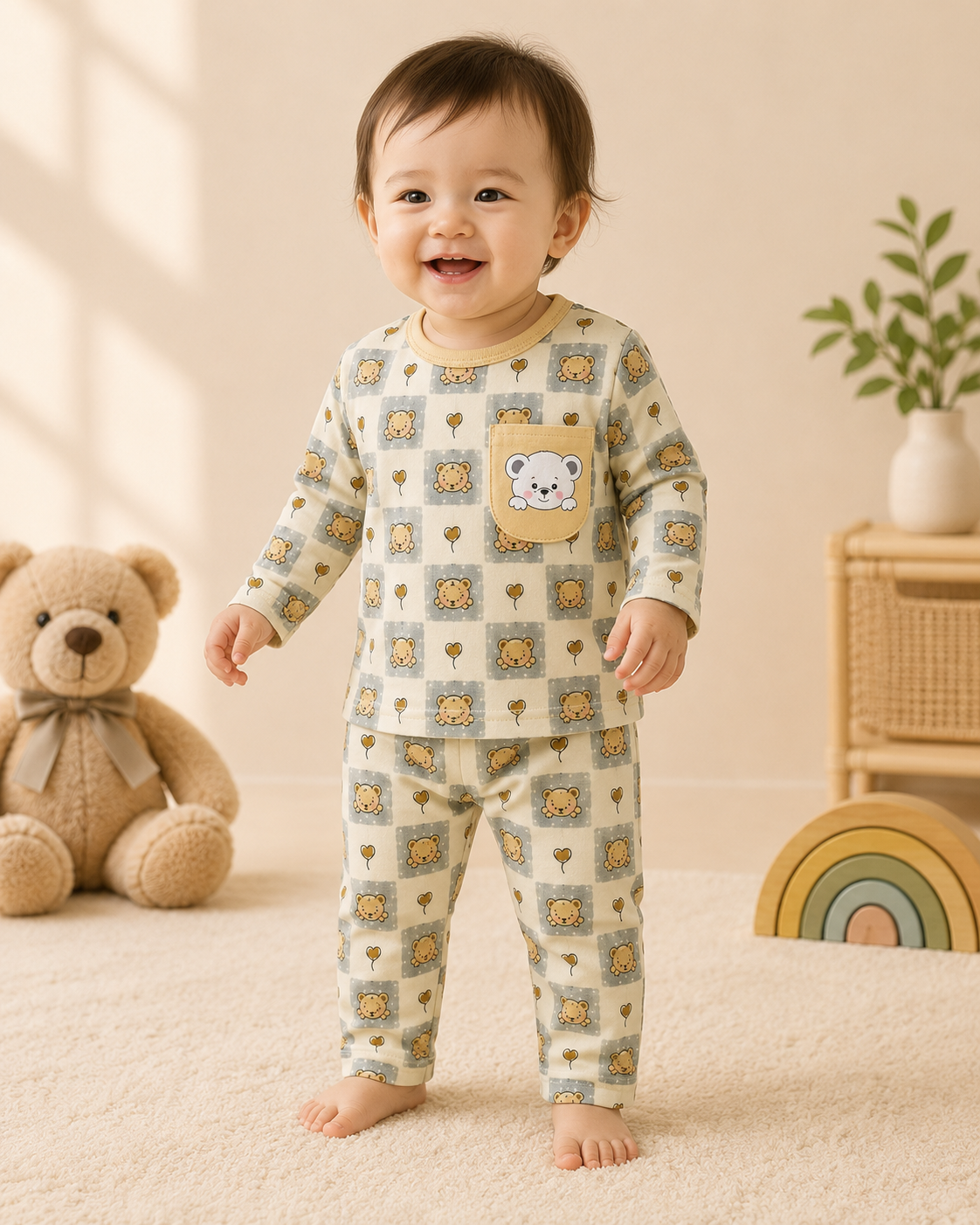 Kids Cream & Grey Teddy Bear Checkered Pyjama Set