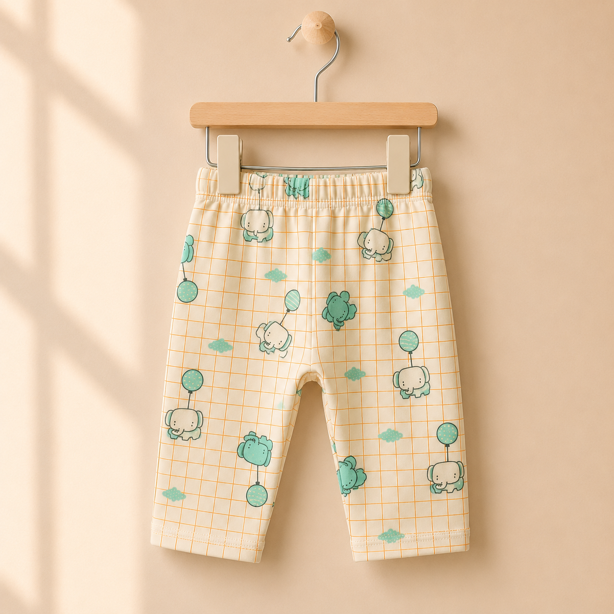 Kids Cream & Teal Elephant Balloon Grid Print Pyjama Set
