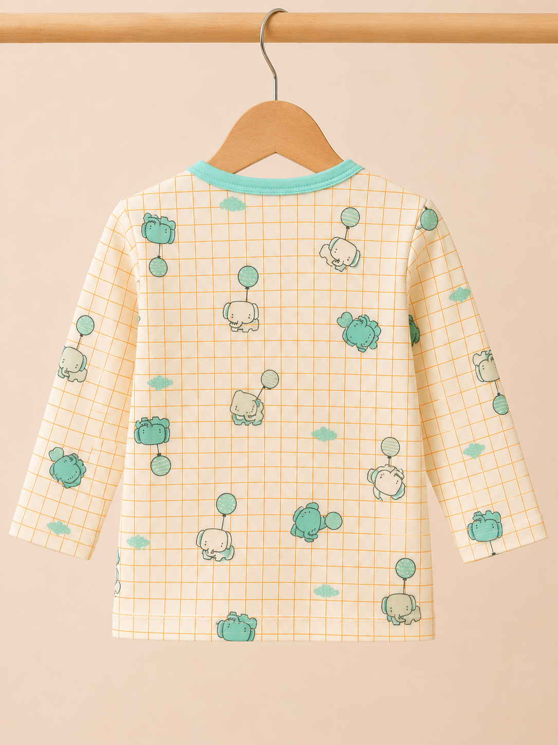 Kids Cream & Teal Elephant Balloon Grid Print Pyjama Set