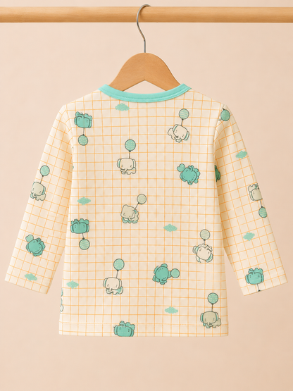 Kids Cream & Teal Elephant Balloon Grid Print Pyjama Set