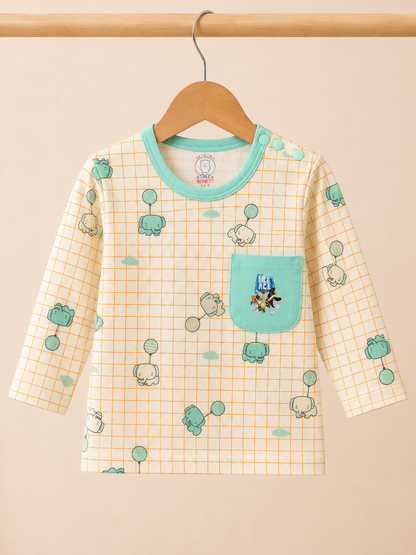 Kids Cream & Teal Elephant Balloon Grid Print Pyjama Set