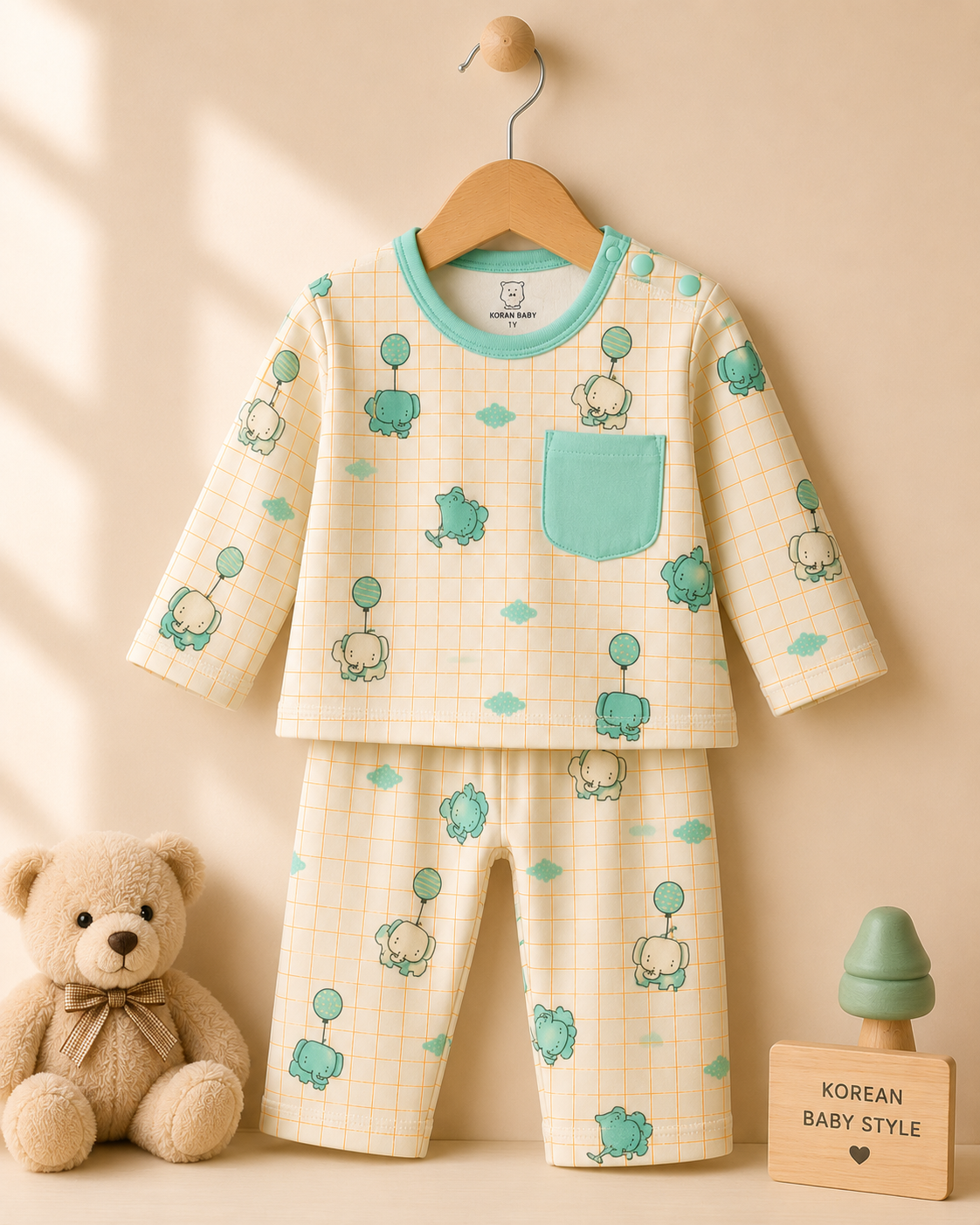 Kids Cream & Teal Elephant Balloon Grid Print Pyjama Set