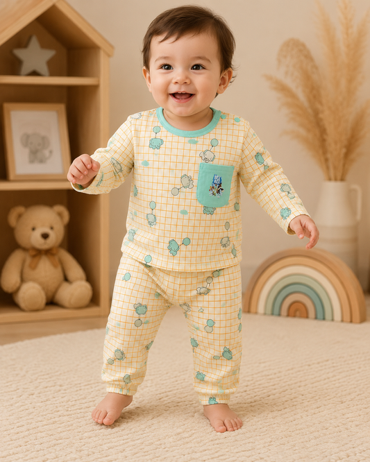 Kids Cream & Teal Elephant Balloon Grid Print Pyjama Set