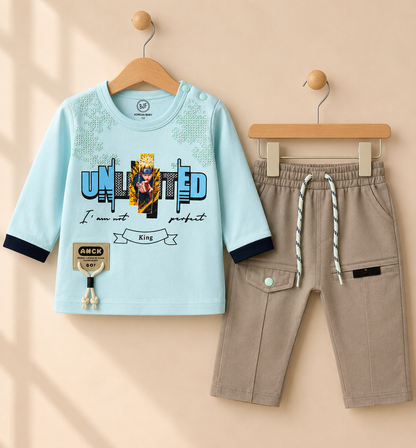 Boys Sky Blue "Unlimited" Graphic Top & Khaki Cargo Pants Set