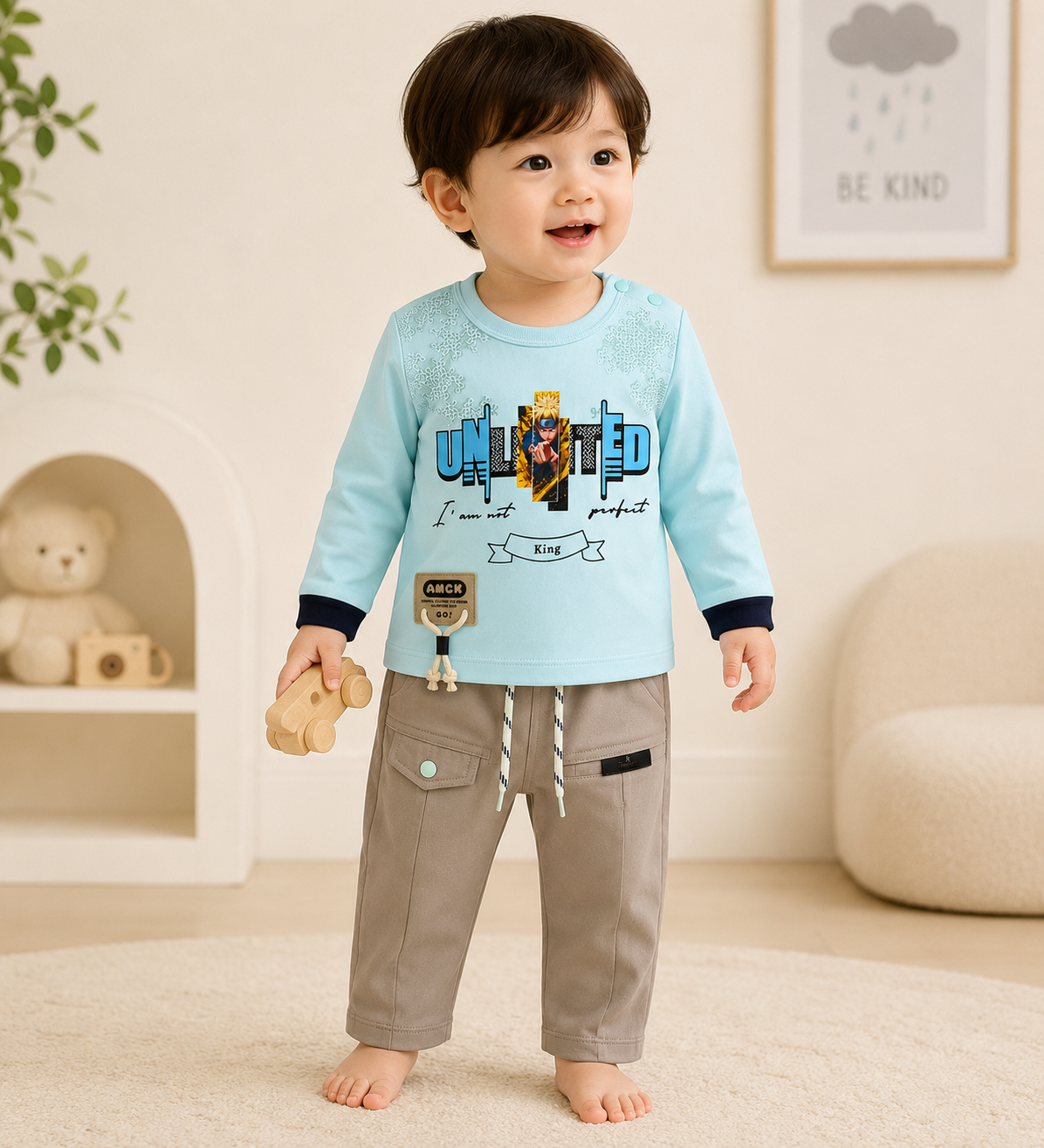 Boys Sky Blue "Unlimited" Graphic Top & Khaki Cargo Pants Set