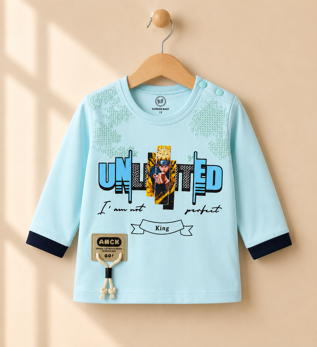 Boys Sky Blue "Unlimited" Graphic Top & Khaki Cargo Pants Set