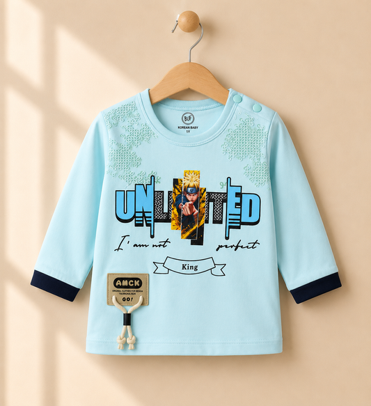 Boys Sky Blue "Unlimited" Graphic Top & Khaki Cargo Pants Set
