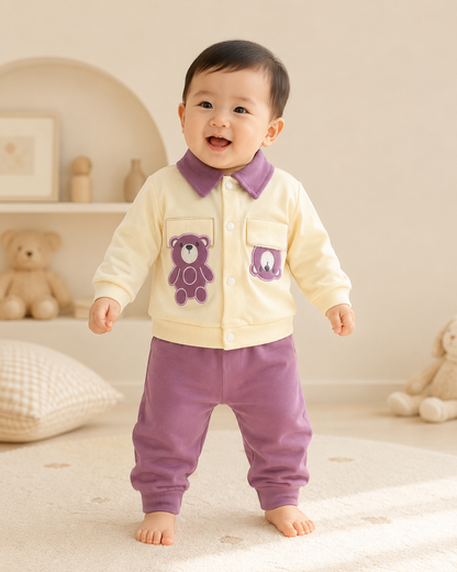 Baby Cream & Purple Teddy Bear Appliqué Jacket & Jogger Pants Set