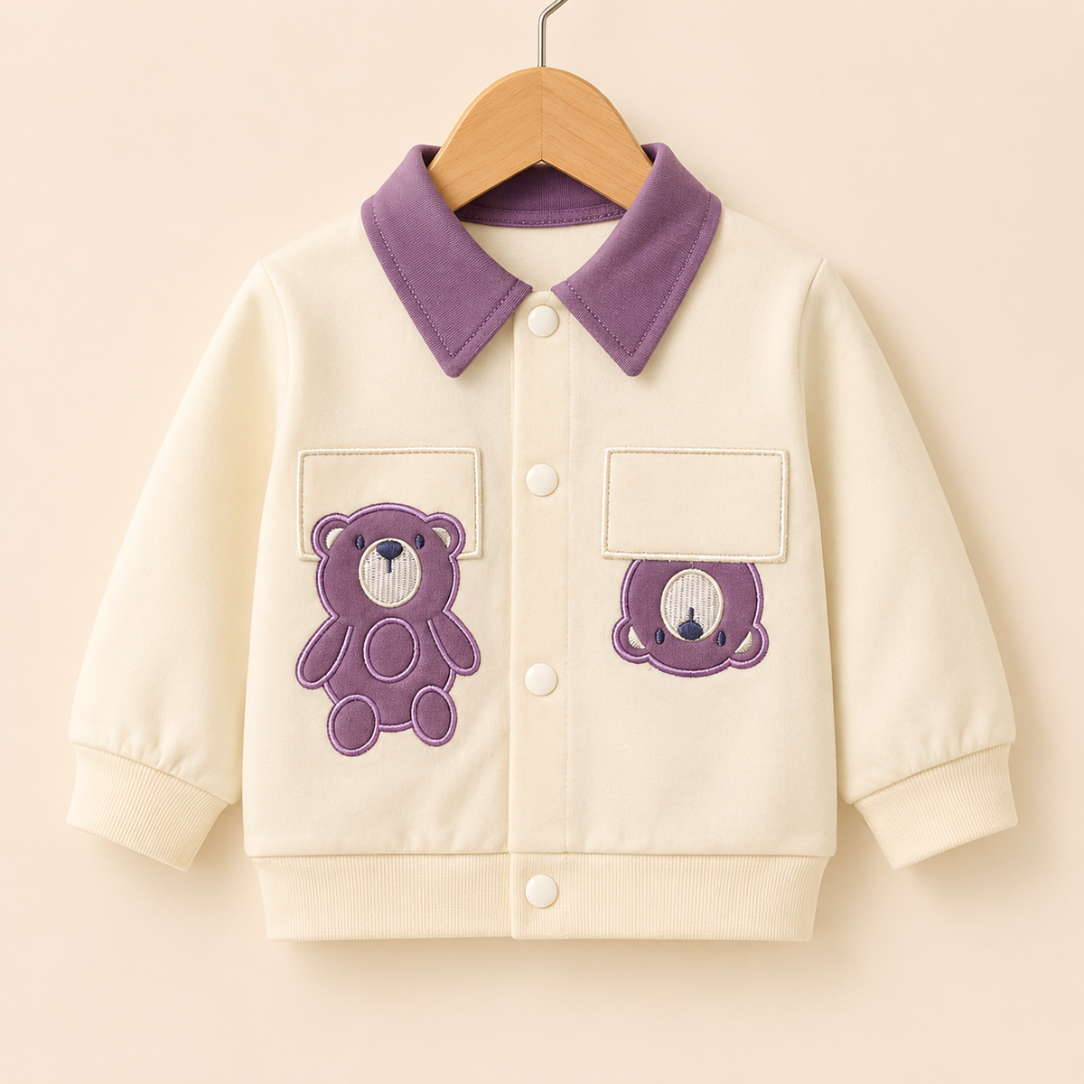 Baby Cream & Purple Teddy Bear Appliqué Jacket & Jogger Pants Set