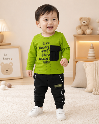 Boys Lime Green Gothic Print Top & Black Vision Jogger Pants Set
