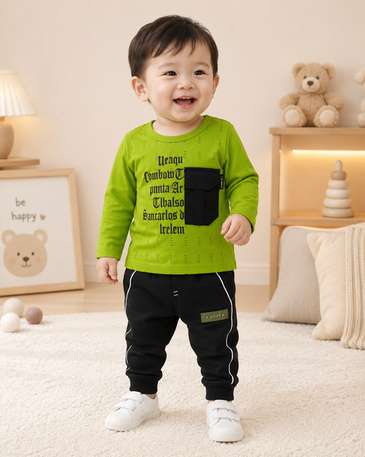Boys Lime Green Gothic Print Top & Black Vision Jogger Pants Set