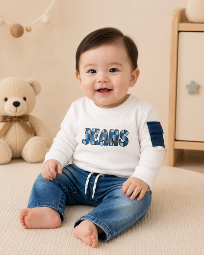 Boys White "Jeans" Graphic Long Sleeve Top & Blue Denim Drawstring Pants Set