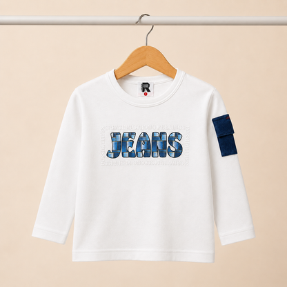 Boys White "Jeans" Graphic Long Sleeve Top & Blue Denim Drawstring Pants Set