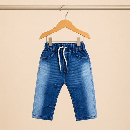 Boys White "Jeans" Graphic Long Sleeve Top & Blue Denim Drawstring Pants Set