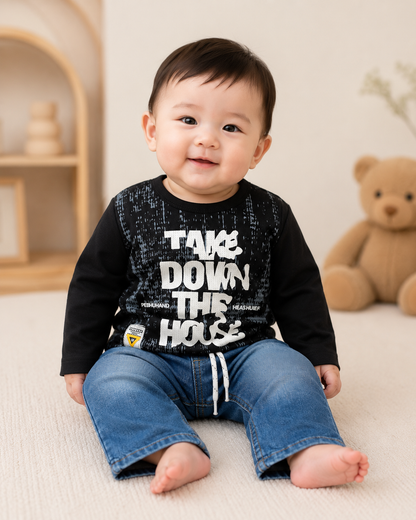 Boys Black "Take Down The House" Graphic Top & Blue Denim Drawstring Shorts Set