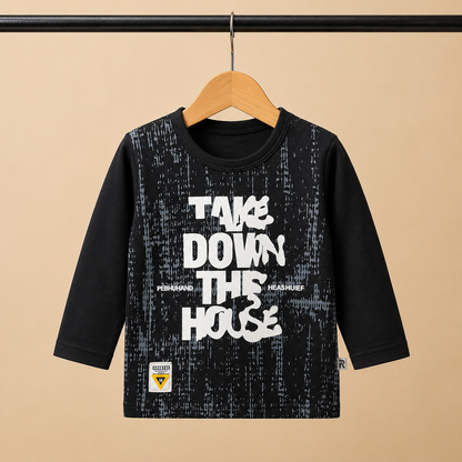 Boys Black "Take Down The House" Graphic Top & Blue Denim Drawstring Shorts Set