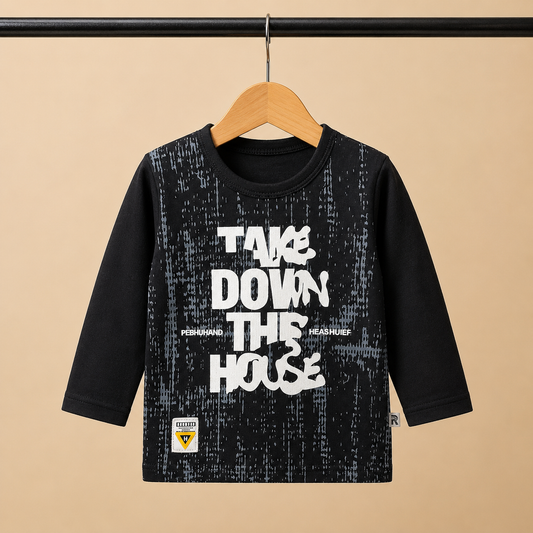 Boys Black "Take Down The House" Graphic Top & Blue Denim Drawstring Shorts Set