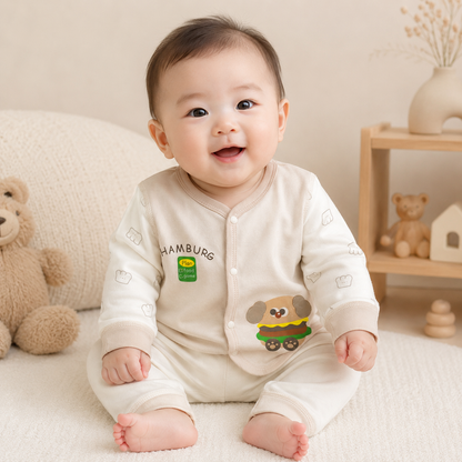 Baby Cream "Hamburg" Burger Dog Snap Button Top & Pants Set