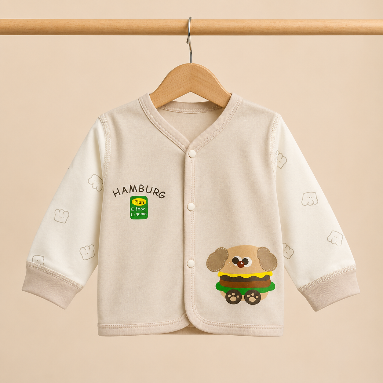 Baby Cream "Hamburg" Burger Dog Snap Button Top & Pants Set