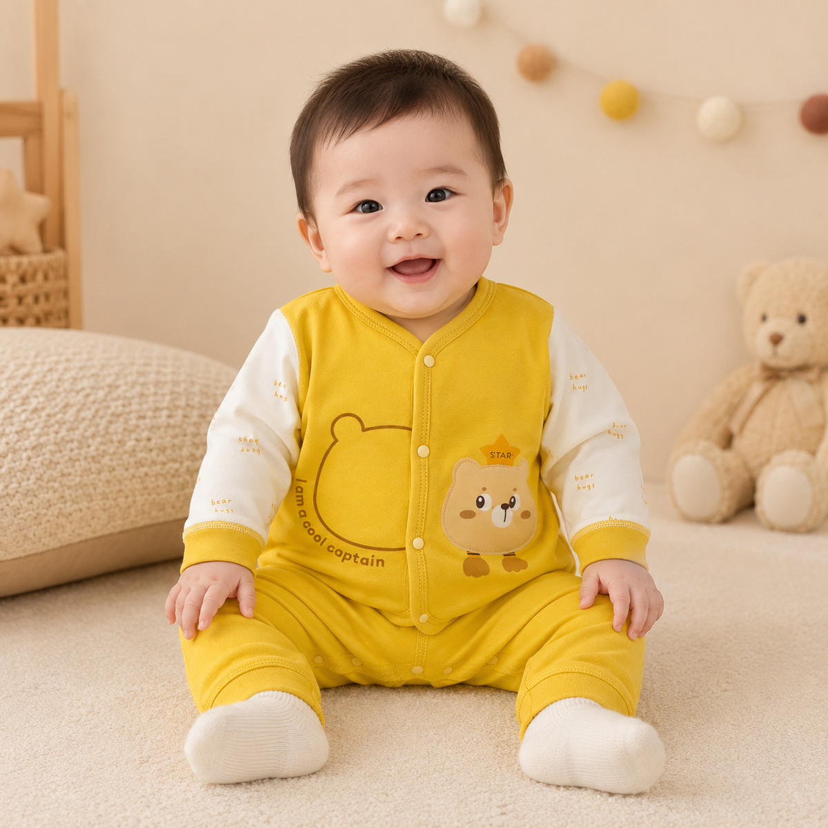 Baby Yellow "I Am a Cool Captain" Bear Star Snap Button Top & Pants Set