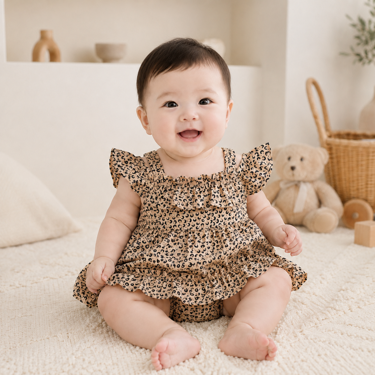 Baby Girls Camel Leopard Print Ruffle Strap Dress & Bloomers Set