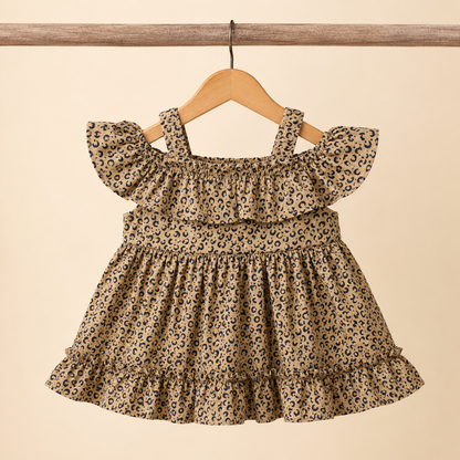 Baby Girls Camel Leopard Print Ruffle Strap Dress & Bloomers Set