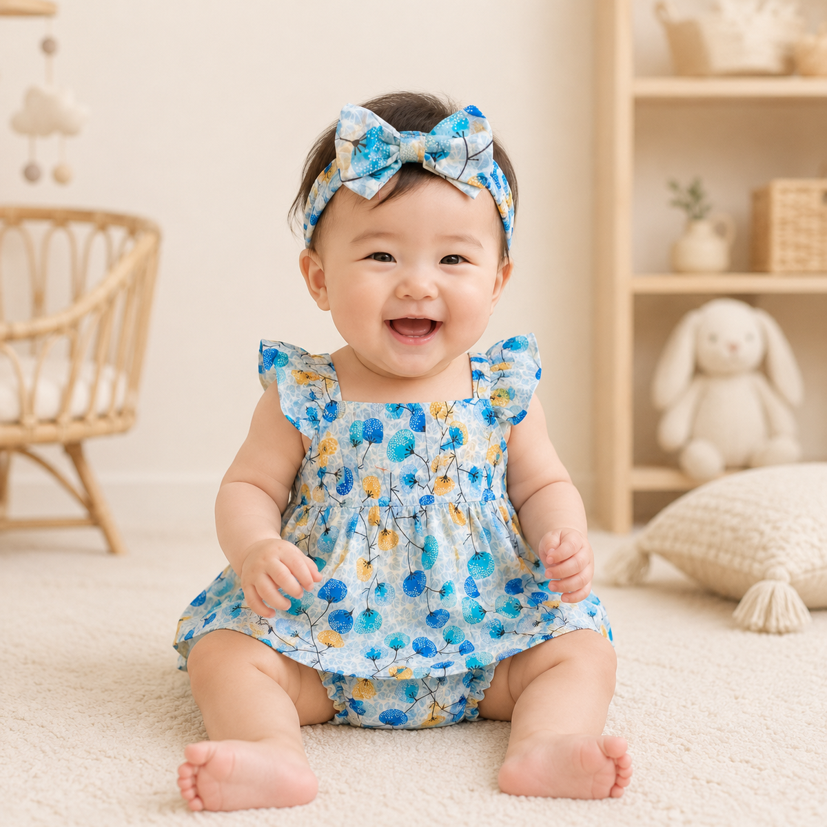Baby Girls Sky Blue Dandelion Floral Print Ruffle Strap Dress & Bloomers Set