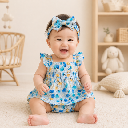 Baby Girls Sky Blue Dandelion Floral Print Ruffle Strap Dress & Bloomers Set