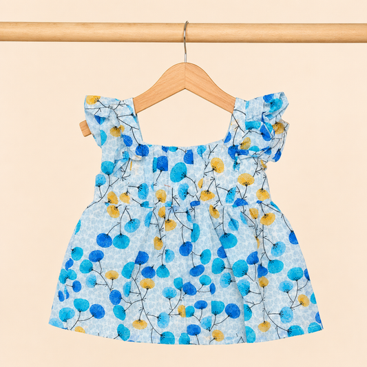 Baby Girls Sky Blue Dandelion Floral Print Ruffle Strap Dress & Bloomers Set