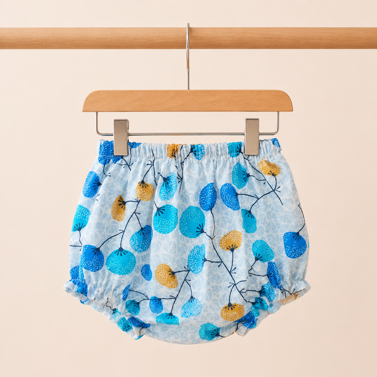 Baby Girls Sky Blue Dandelion Floral Print Ruffle Strap Dress & Bloomers Set