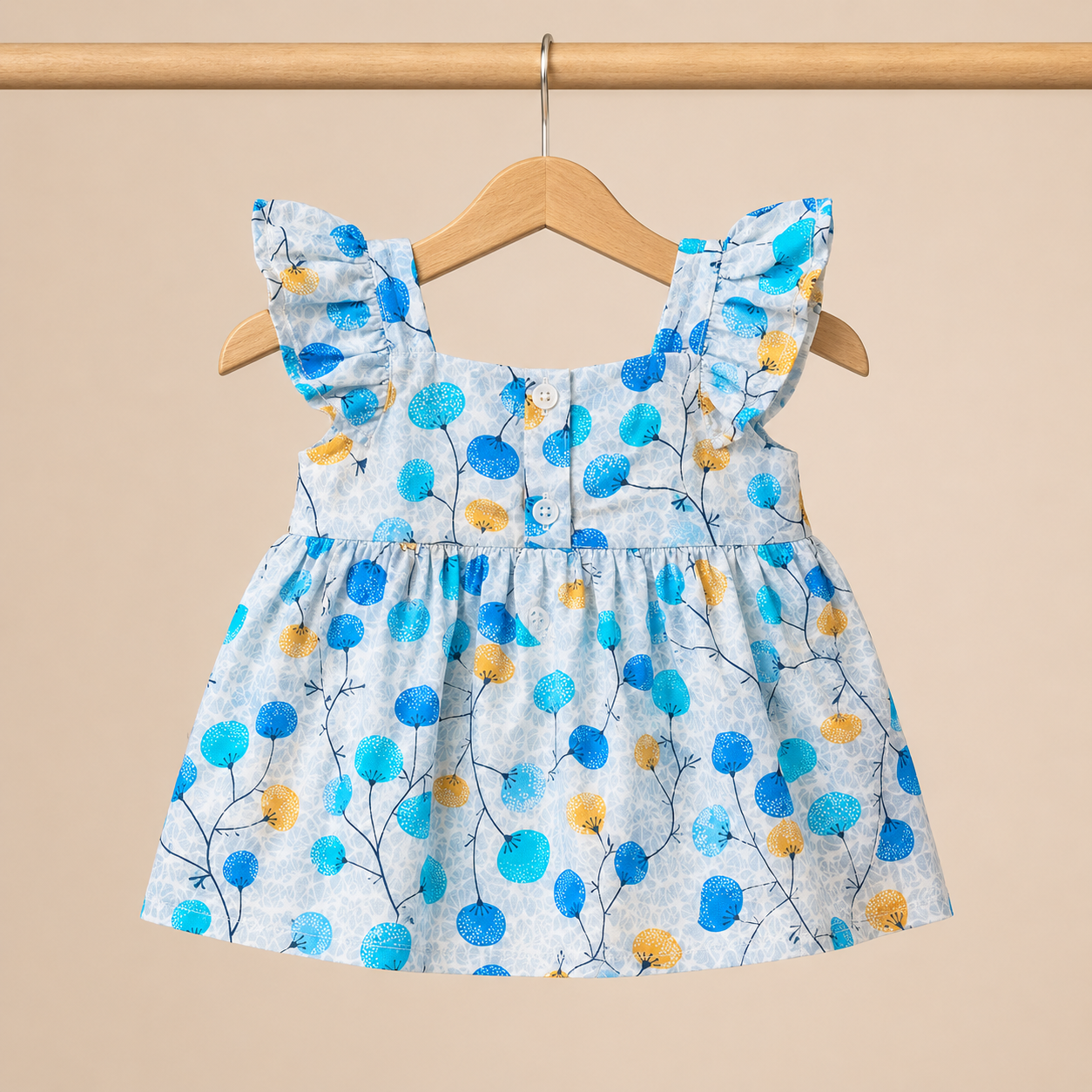 Baby Girls Sky Blue Dandelion Floral Print Ruffle Strap Dress & Bloomers Set