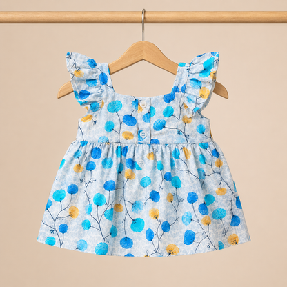 Baby Girls Sky Blue Dandelion Floral Print Ruffle Strap Dress & Bloomers Set