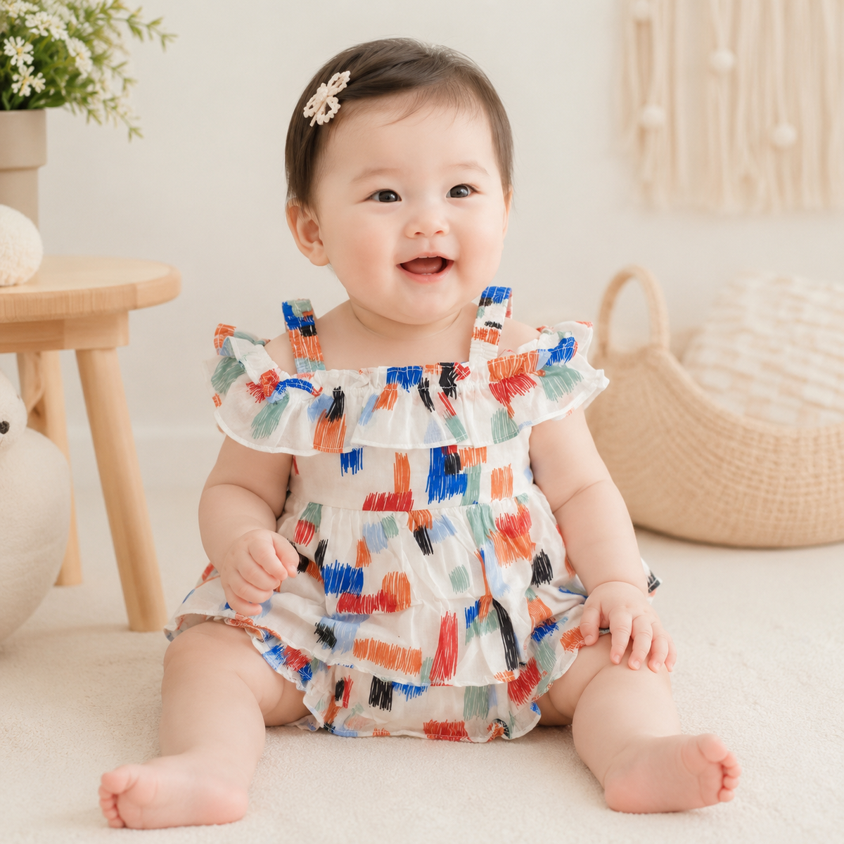 Baby Girls White Multicolor Brushstroke Print Ruffle Strap Dress & Bloomers Set