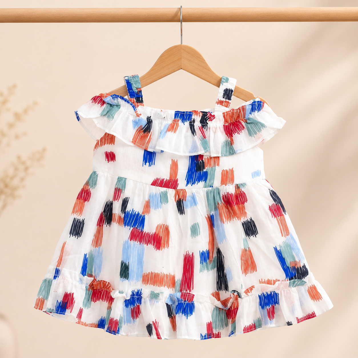 Baby Girls White Multicolor Brushstroke Print Ruffle Strap Dress & Bloomers Set