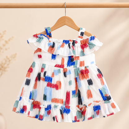 Baby Girls White Multicolor Brushstroke Print Ruffle Strap Dress & Bloomers Set