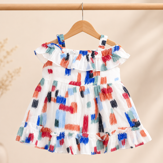 Baby Girls White Multicolor Brushstroke Print Ruffle Strap Dress & Bloomers Set