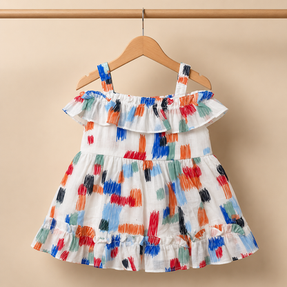 Baby Girls White Multicolor Brushstroke Print Ruffle Strap Dress & Bloomers Set