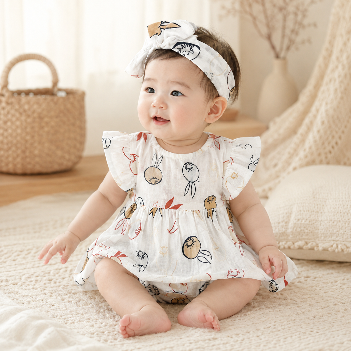 Baby Girls White Bunny Balloon Print Ruffle Sleeve Dress & Bloomers Set