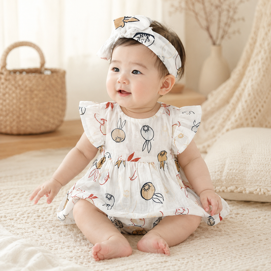 Baby Girls White Bunny Balloon Print Ruffle Sleeve Dress & Bloomers Set