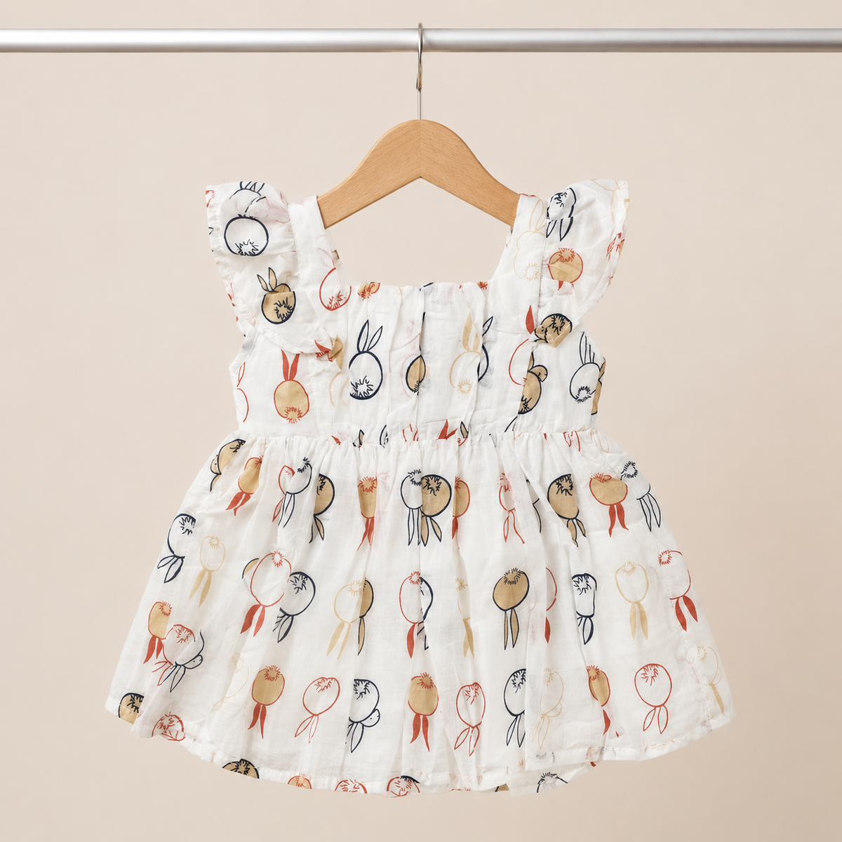Baby Girls White Bunny Balloon Print Ruffle Sleeve Dress & Bloomers Set