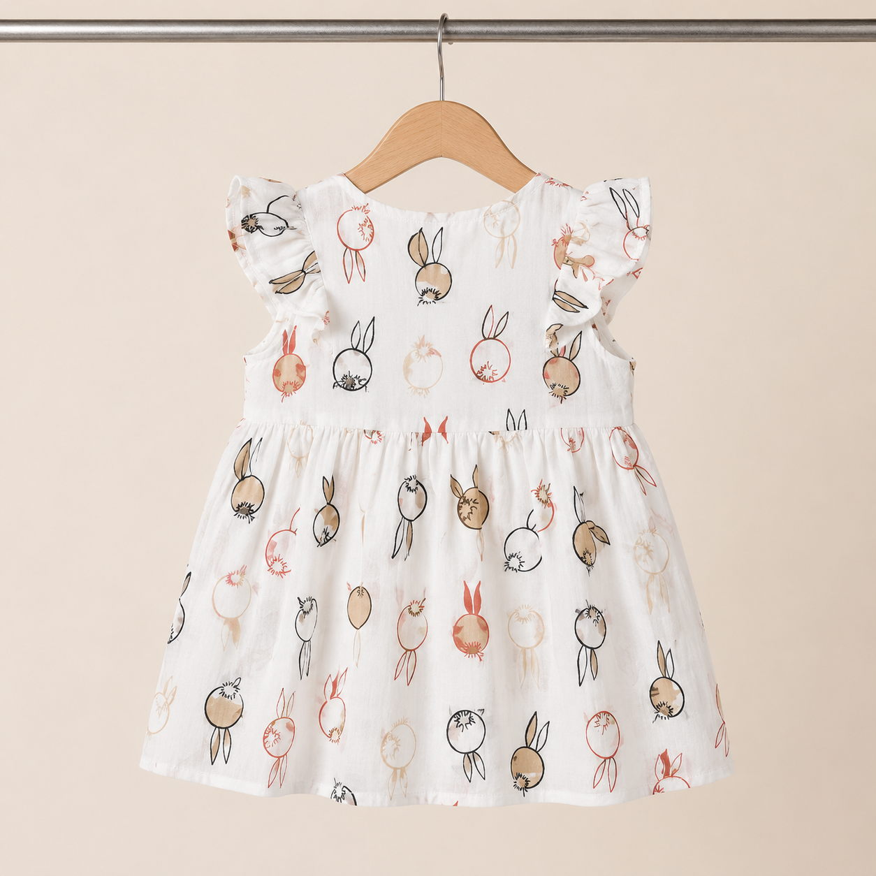 Baby Girls White Bunny Balloon Print Ruffle Sleeve Dress & Bloomers Set