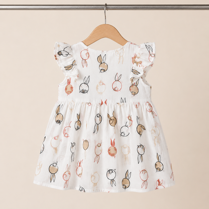 Baby Girls White Bunny Balloon Print Ruffle Sleeve Dress & Bloomers Set