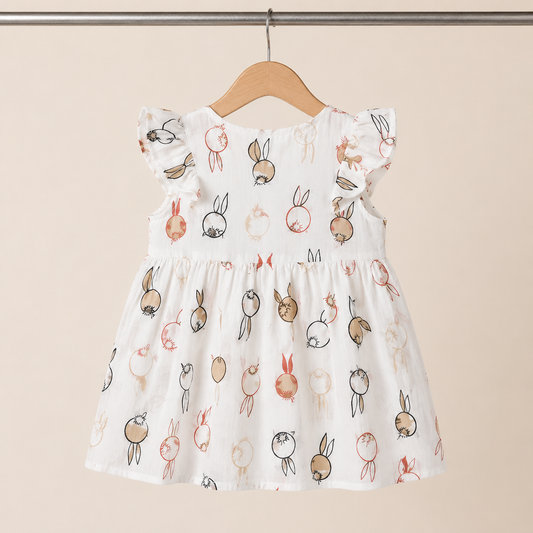 Baby Girls White Bunny Balloon Print Ruffle Sleeve Dress & Bloomers Set